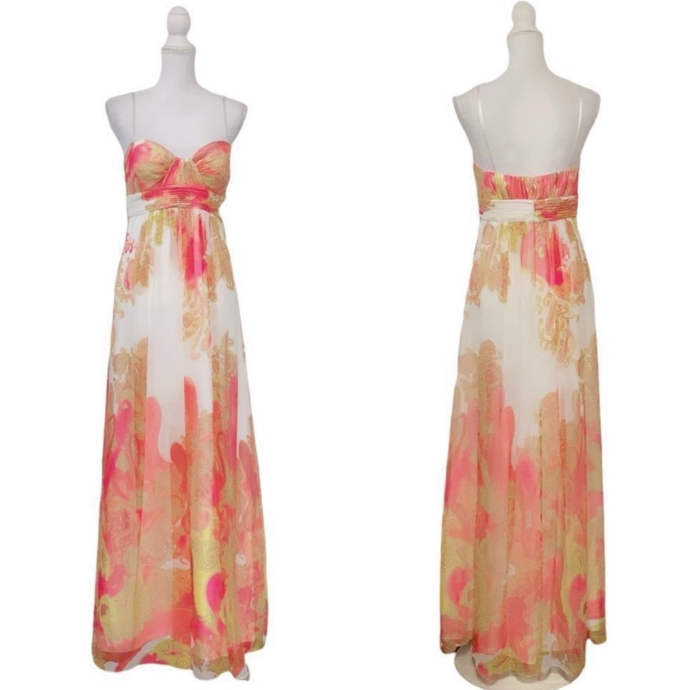 Aidan Mattox Prom Chiffon Printed Metallic Strapless Paisley Gown White‎ Size 8